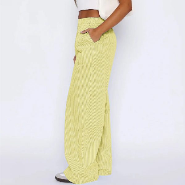 Striped Trousers With Pockets Ins Fashion Casual Wide Leg Straight Pants For Women Clothing — Yellow