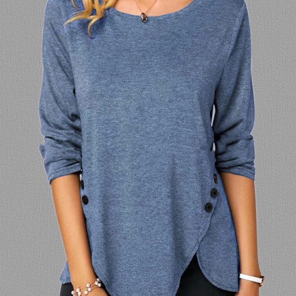 Irregular Button Hem Long Sleeved Round Neck Oversized T-shirt — Blue