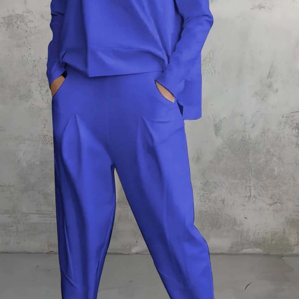 Women's Irregular Suit Long-sleeved Round Neck Top And Loose Harem Pants With Pockets Ins Fashion Trousers Set Women's Clothing — Blue