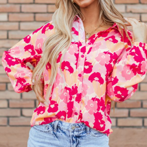 Blooming Floral Print Puff Sleeve Buttoned Shirt — Pink