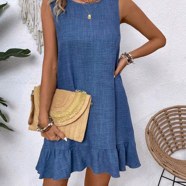 Summer Ruffle Dress Fashion Loose Sleeveless Straight Beach Dresses For Women — Sapphire Blue