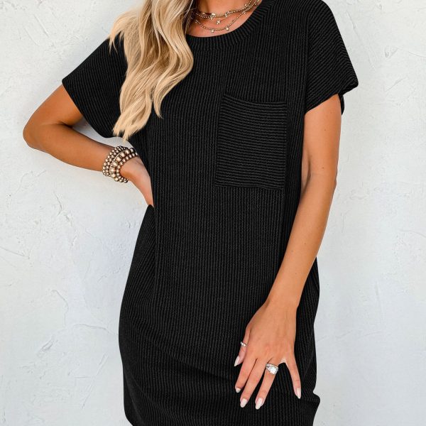 Striped Short Sleeve Pocket Dress Women — Black