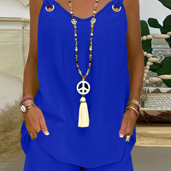 Elegant Solid Color Sleeveless Casual Top Shorts Suit — Navy Blue
