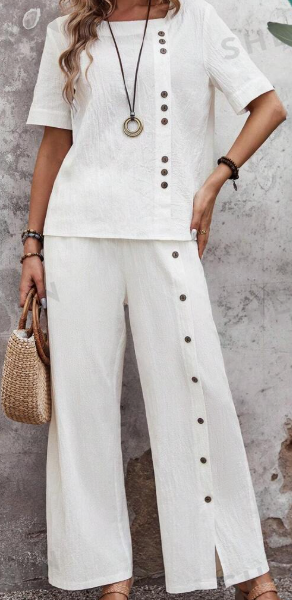 Women's Plain Loose Fit Suit With Buttons Down The Front For Spring Summer Vacation — White