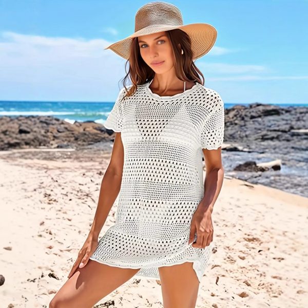 Knitted Short Sleeve Cutout Blouse Women's Swimming Vacation — White