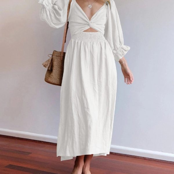 Women's Clothing V-neck Half Sleeves Front And Back Wearable Type Dress — White
