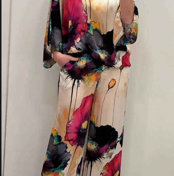 Indian Casual Round Neck Printed Satin Suit — Black