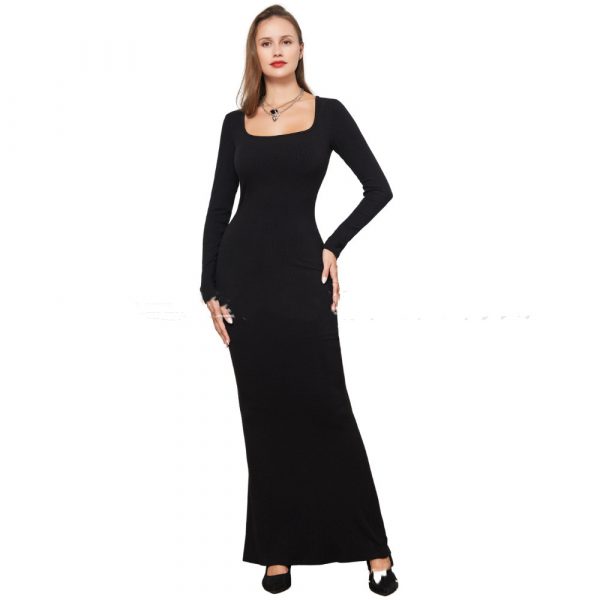Two-in-one With Lining Double-layer Belly Contracting Hip Lifting Long Sleeve Narrow Dress — Black