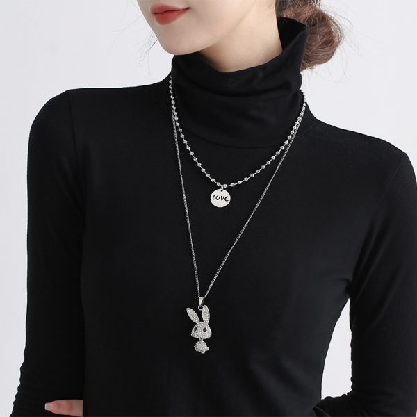 Double Decorative Titanium Steel Necklace Light Luxury Niche Long Diamond Rabbit Pendant Letter Necklace — Silver