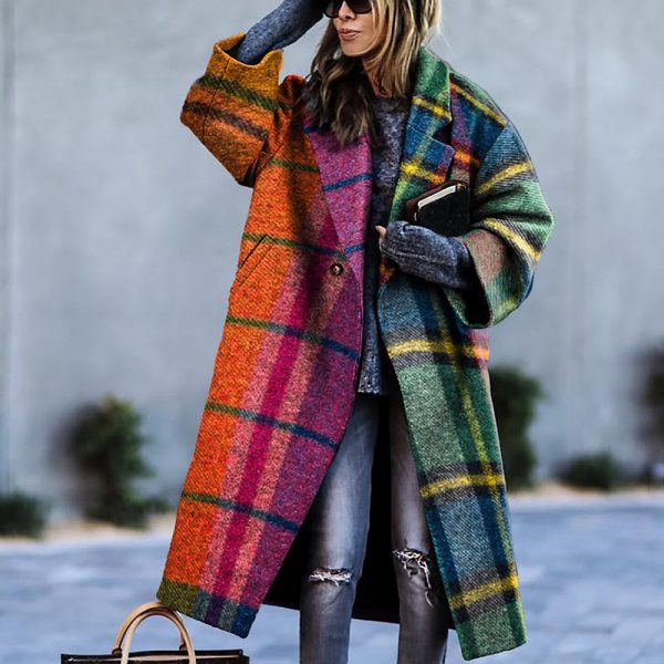 Women's Color Matching Plaid Long-sleeved Coat — Plaid