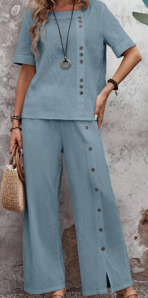 Women's Plain Loose Fit Suit With Buttons Down The Front For Spring Summer Vacation — Blue
