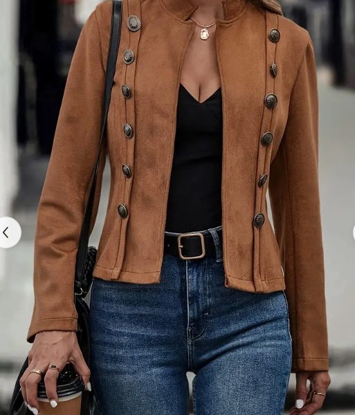 Women's Solid Color Double-breasted Decorative Deerskin Velvet Retro Long-sleeved Jacket — Dark Brown