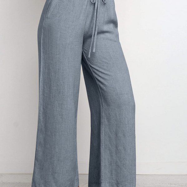 Elastic Waistband Lace-up Wide Leg Pants Solid Color Cropped Pants — Slabstone Gray