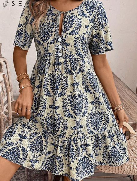 Unity Tied Leisure Vacation Dress With Doll Floral Pattern — Blue