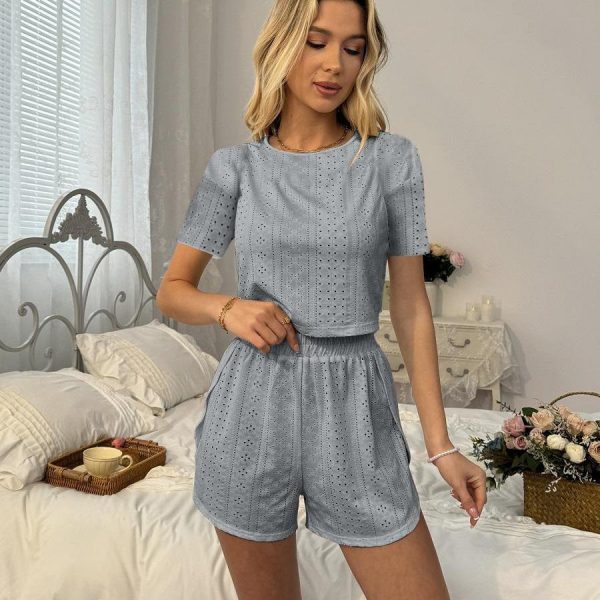 2pcs Casual Hollow Suit With Short-sleeved Crop Top And Elastic Slit Shorts Summer Fashion Sport Clothing For Women — Grey