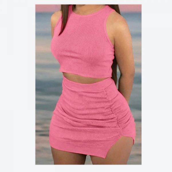 Ladies' Ribbed Crop Top And Bodycon Skirt Set — Pink