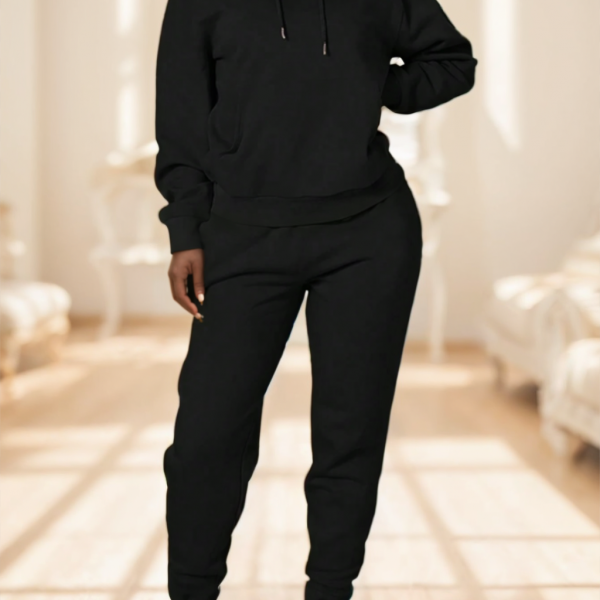 Solid Color Long Sleeve Hoodie And Sport Pants — Black