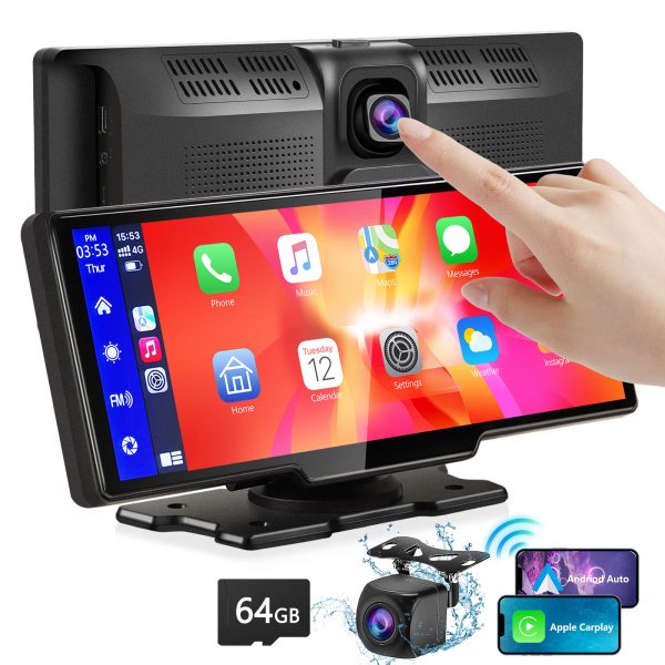 Portable Wireless Carplay With 2.5K Camera, 1080P Back Cam 9.3inches Ultra HD Android Auto Car Play Screen For Car DVR Loop Recording, Bluetooth GPS Navigation Touch Drive Screen With FM Radio System — Black