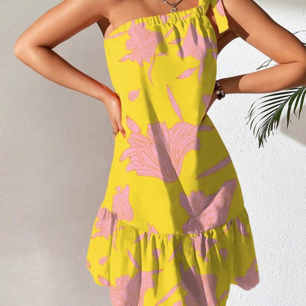 Floral Print One Shoulder Ruffle Hem Dress — Yellow
