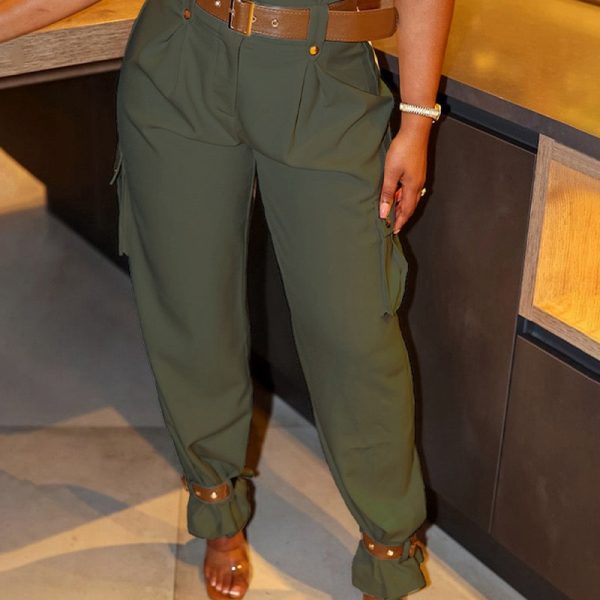 Women's Contrast Color Belt Trousers — Army Green
