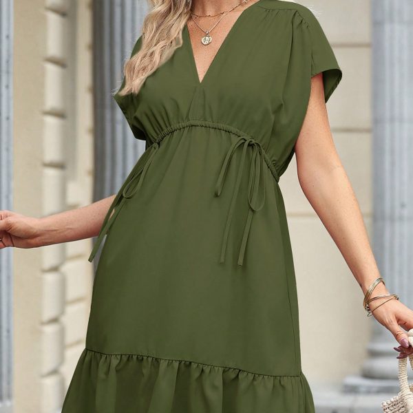 Womens Summer Dresses Short Sleeve V Neck Drawstring Casual Flowy Ruffle A-Line Swing Mini Babydoll Tunic Dress — Green
