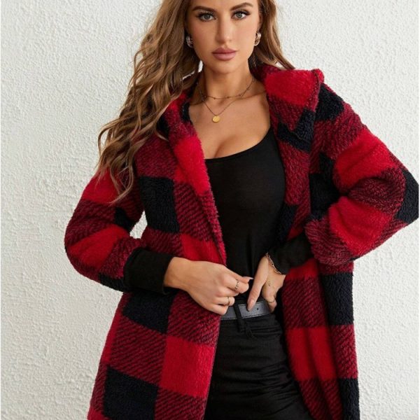Loose Plaid Wool Cardigan — Red