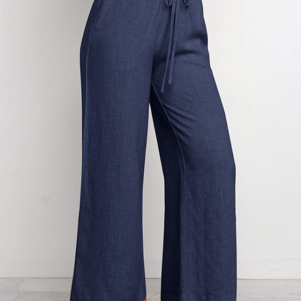 Elastic Waistband Lace-up Wide Leg Pants Solid Color Cropped Pants — Navy Blue