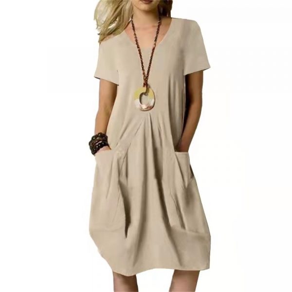 Cotton And Linen Solid Color Loose Round Neck Short Sleeve Dress — Khaki