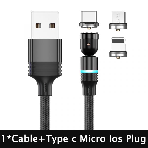 540 Degree Rotating Magnetic Suction Charging Line For Android Type C — Black 3in1