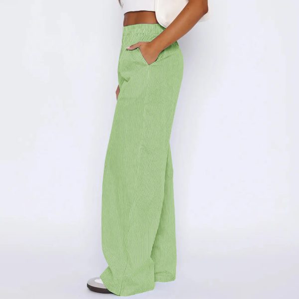 Striped Trousers With Pockets Ins Fashion Casual Wide Leg Straight Pants For Women Clothing — Green