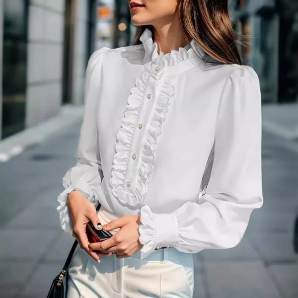 European And American Women's Clothing Shirt Ruffled All-match — White