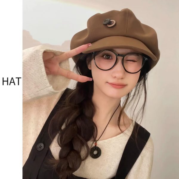 Cloud Hat For Women Autumn And Winter All-matching Small Face — Brown Button Style