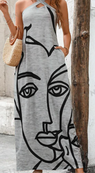 Women Summer Casual Vacation V-Neck Straight Dress, With Side Pockets, Stripes And Face Print Pattern — Grey