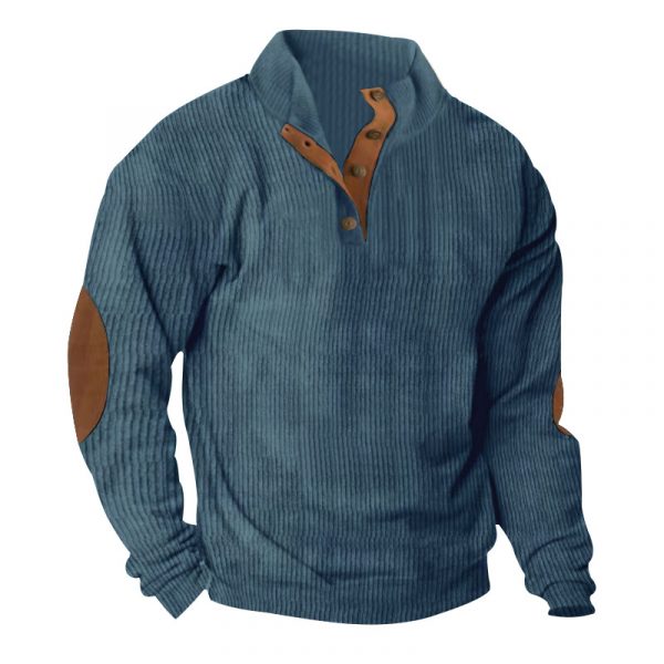 Corduroy Casual Stand Collar Long-sleeved Sweater — Denim Blue