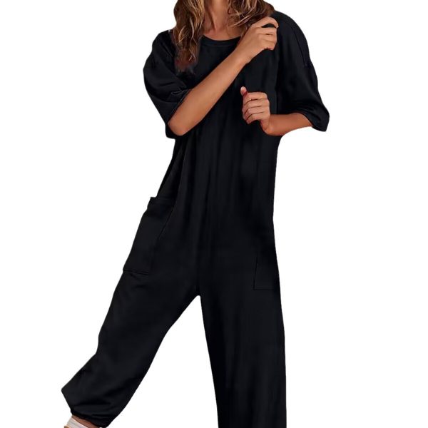 Women's Stretch V-neck Jumpsuit With Pockets — Black