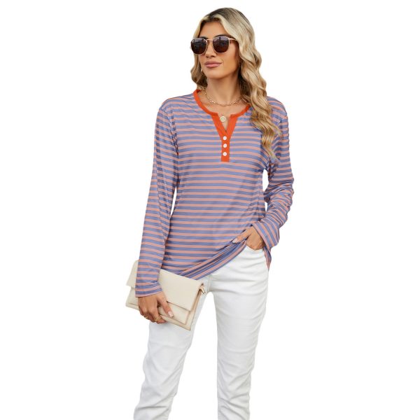 Women's V-neck Striped Loose Long-sleeved T-shirt Top — Pink And Purple Stripes