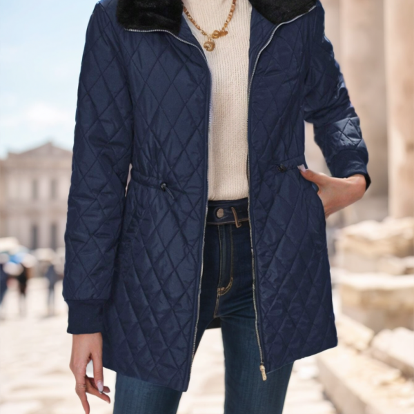 Casual Winter Clothes Contrast-Color Fur Collar Drawstring Waist Padded Padded Coat — Navy Blue