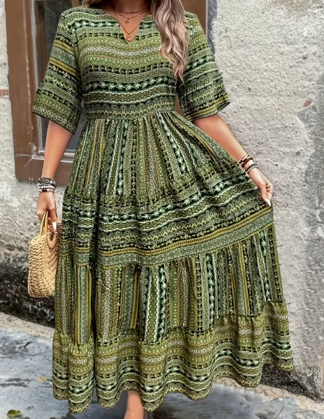 Plus Size All Over Print Tiered Dress, Vacation Notch Neck Short Sleeve Dress, Women's Plus Size Clothing — Mixed Color