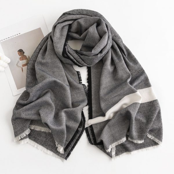Herringbone Pattern Monochrome Artificial Cashmere Scarf Women's Simple Casual Style Tassel Warm Shawl — FH2352981 Black