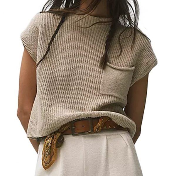Women's Knitted Sleeveless Pocket Casual Rib Pullover Vest — Apricot
