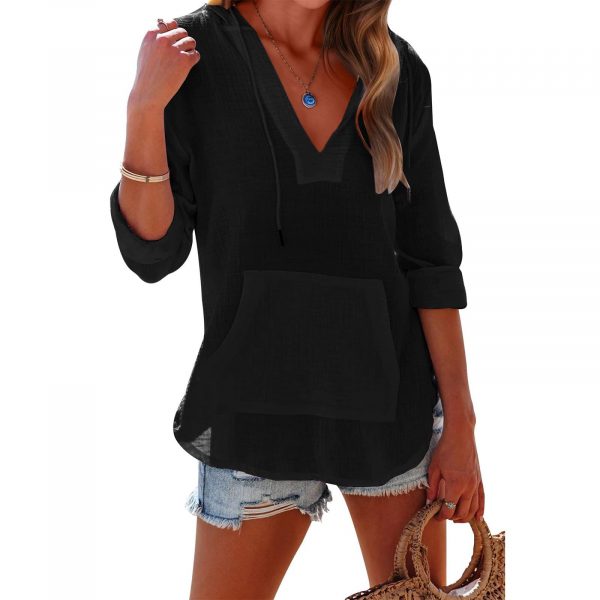 V-neck Hooded Shirt With Pockets Fashion Sports Long-sleeved Split Shirts Tops For Women Clothing — Black