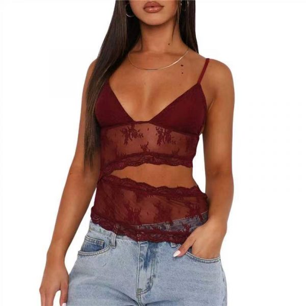 Lace Stitched Backless Small Sling Women V Neck Tank Top Underwear Vest Candy Color Bralette Clothes — Wine Red