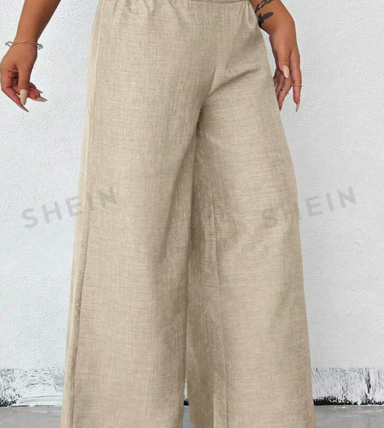 Women's Loose Wide Leg Blue Pants With Metal Chain Decoration For Summer — Apricot