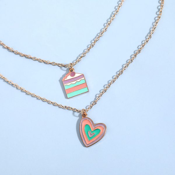 Women Macaron Multi-color Oil Drop Heart Pendant Girl Cute Cake Shape Necklace — Women