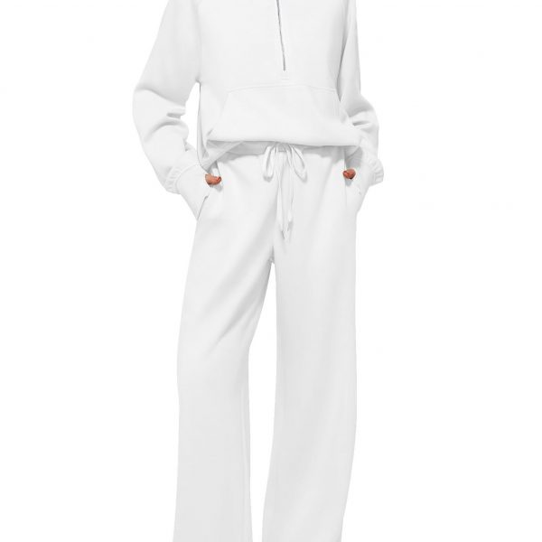 Solid Color Long-sleeved Sweater Trousers Suit Women's Suit — White