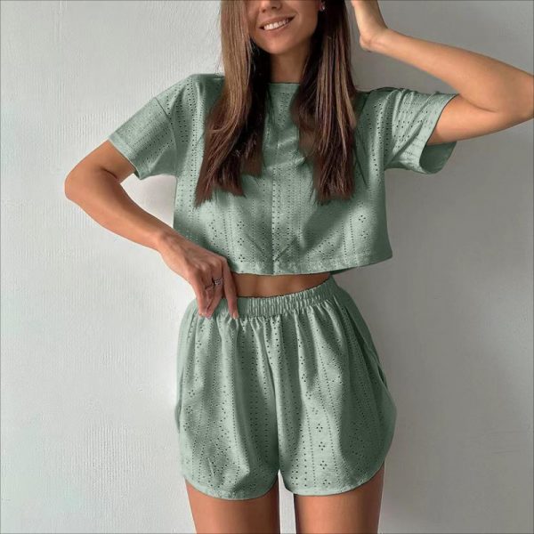 2pcs Casual Hollow Suit With Short-sleeved Crop Top And Elastic Slit Shorts Summer Fashion Sport Clothing For Women — Green