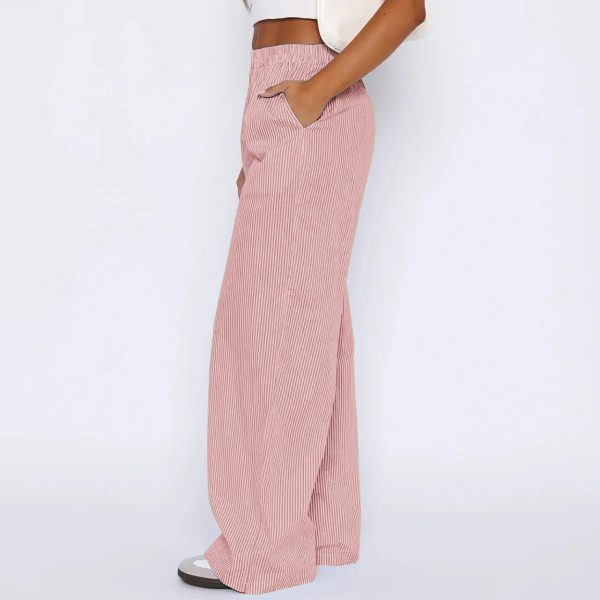 Striped Trousers With Pockets Ins Fashion Casual Wide Leg Straight Pants For Women Clothing — Red