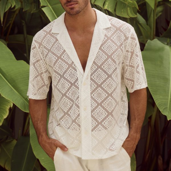 Fashion Mens Clothing Men's Hollow-out Breathable Short-sleeved Lapel Casual Shirt — White