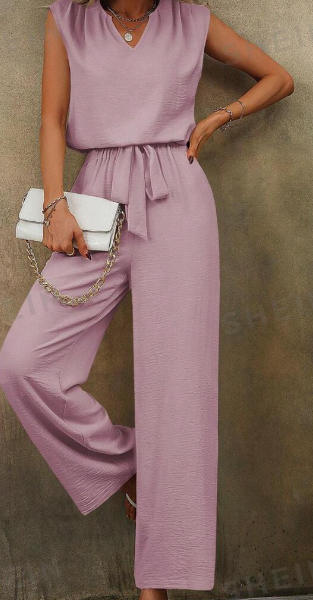 Women Solid Color Sleeveless Top With Notch Neckline And Belted Long Pants Set — Pink