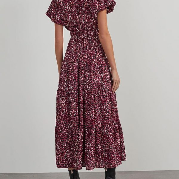 Women's V-neck Bubble Pleated Print Short Sleeve Dress — Wine Red